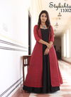 Black And Red Colour Fancy Festive Long Flair Stylish Gown With Digital Print Jacket Design Pure Maslin Collection 11002
